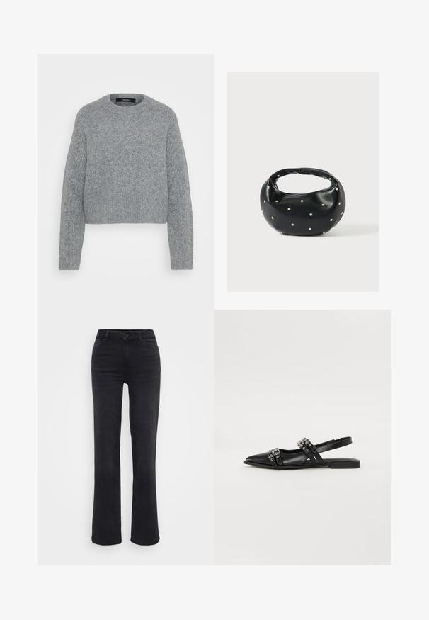 Pull en maille gris doux à manches longues avec col rond et poignets, ourlet et encolure côtelés, présenté sur un fond uni.; Jean en denim noir à coupe droite, avec une fermeture à bouton à l'avant, cinq poches et des détails de couture subtils.; Even&Odd by Zalando Ballerines à brides arrière - black; Sac à main en cuir noir de forme arrondie, décoré de clous argentés et équipé d'une poignée courte. Texture lisse et fermeture éclair.