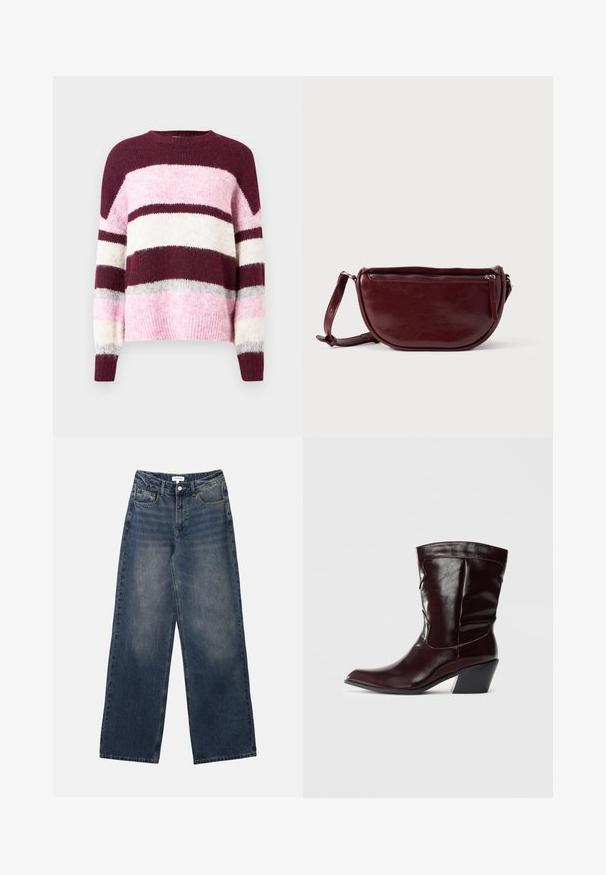 Pull rayé violet et rose avec un col arrondi. Fabriqué en tissu doux et texturé. Présente des rayures horizontales de différentes couleurs.; Jeans en denim bleu taille haute pour hommes, avec jambes larges, bouton et fermeture éclair à l'avant, ainsi que poches avant et arrière.; Bottines en cuir bourgogne avec un bout pointu, une surface texturée et un petit talon effilé. Présente une couture discrète et un ajustement confortable.; Sac à main en cuir marron foncé avec une forme en demi-lune, une fermeture éclair et une bandoulière amovible. Texture lisse avec un léger éclat.