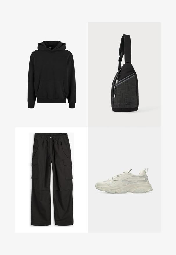 Schwarzer Hoodie mit Kängurutasche, weiten Ärmeln und gerippten Bündchen sowie Saum. Hergestellt aus weichem Stoff mit glatter Textur.; Schwarze Cargo-Hose mit elastischem Taillenbund, Knopf- und Reißverschluss, sowie mehreren aufgesetzten Taschen mit Knöpfen an der Vorder- und Seitenseite.; Klobiger weißer Sneaker mit Netzakzenten, texturierter Gummisohle und abgerundeter Form. Verfügt über minimalistisches Branding und eine Ziehschlaufe an der Ferse.; Schwarze Umhängetasche mit strukturiertem Design im Rastermuster, verstellbarem Riemen und Reißverschlusstasche mit silberfarbenen Beschlägen.