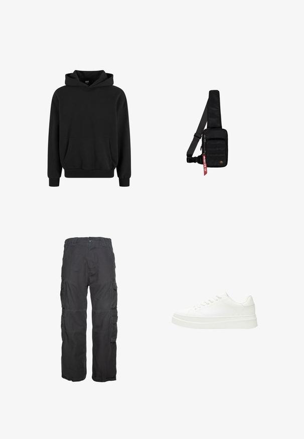 Schwarzer Hoodie mit Kängurutasche, weiten Ärmeln und gerippten Bündchen sowie Saum. Hergestellt aus weichem Stoff mit glatter Textur.; Schwarze Cargo-Hosen aus Baumwolle, mit mehreren Seitentaschen, geradem Beinmuster und genähten Details an den Nähten.; Weiße Sneaker mit einem glatten Lederoberteil, flachen Schnürsenkeln und einer dicken Gummisohle. Das minimalistische Design verfügt über subtile Nähte und nahtlose Akzente.; Schwarze Umhängetasche aus strukturiertem Stoff. Ausgestattet mit einem Reißverschluss-Hauptfach, einer vorderen Tasche mit Gurtband, verstellbarem Riemen und einem dekorativen Anhänger.