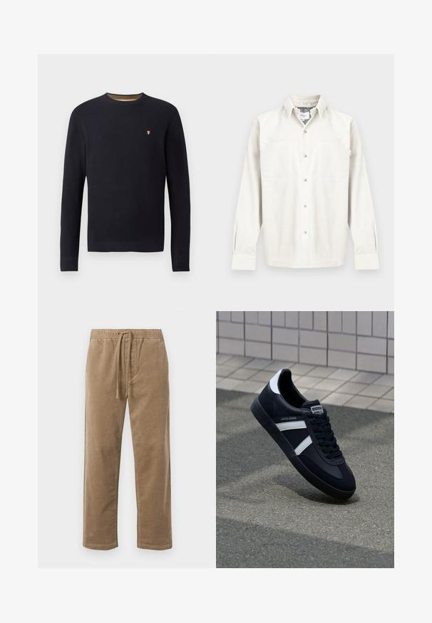 Marineblauwe gebreide trui met een ronde hals, ribbel manchetten en een klein embleem op de borst. Gestructureerde stof met een subtiel patroon.; Katoenen ribfluwelen overhemd in off-white, met lange mouwen, een knoopsluiting aan de voorkant, twee borstzakken en een losse pasvorm met subtiele ribbels.; Bruine ribfluwelen broek met een elastische tailleband en aantrekkoord, met een relaxte pasvorm en rechte pijpen, textuur met geribbeld patroon.; Zwarte leren sneaker met witte strepen, een gestructureerde rubberen zool en vetersluiting aan de voorkant. Voorzien van een merklabel op de tong.