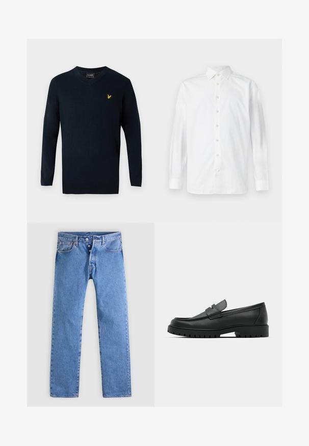 Pull en v-nue bleu marine en tissu doux, avec des manches longues et un petit logo brodé jaune sur la poitrine à gauche.; Chemise blanche à manches longues avec boutons, col à l'italienne et poignets boutonnés, présentée sur un fond blanc uni.; Jean en denim bleu clair avec une coupe droite, cinq poches et une braguette à deux boutons. Présente un léger délavage et des coutures contrastées.; Mocassins en cuir noir à bout arrondi, avec un design cousu, une semelle plateforme basse et une semelle en caoutchouc texturée et crantée.