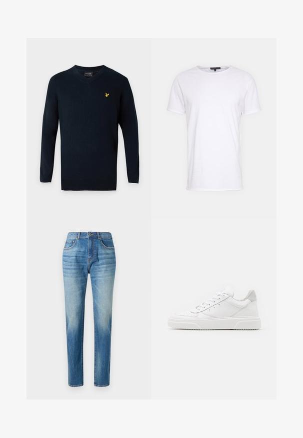 Marineblå v-hals sweater lavet af blødt stof, med lange ærmer og et lille gult broderet logo på venstre brystområde.; Hvid bomulds t-shirt med rund halsudskæring, korte ærmer og lige snit. Har en enkel, glat overflade uden yderligere mønstre.; Lyseblå denimjeans med lige ben, høj talje, subtilt slid og klassisk fem-lomme-design. Metalknaplukning.; Hvide lædersneakers med en glat finish, rund tå, flade snørebånd og en struktureret sål. Grå ruskindsdetalje ved hælen.