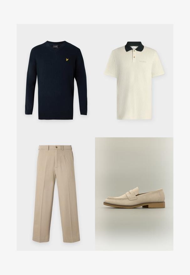 Suéter azul marino de pico fabricado en un tejido suave, con mangas largas y un pequeño logotipo amarillo bordado en la parte izquierda del pecho.; Polo de punto crema de manga corta con cuello negro, dos botones y sutil bordado "Les Deux" en el pecho.; Pantalones beige de corte recto con trabillas para cinturón, cierre de botón y bolsillos delanteros, presentados sobre un fondo blanco liso.; Mocasín de cuero beige claro con tacón bajo, costura en punta mocasín y detalle de correa en la parte superior, mostrado de perfil lateral.