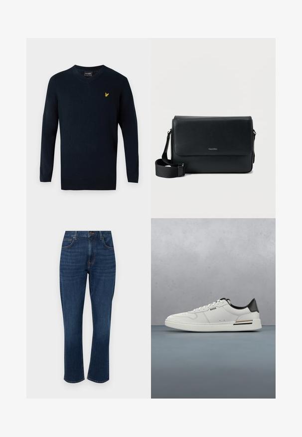 Suéter azul marino de pico fabricado en un tejido suave, con mangas largas y un pequeño logotipo amarillo bordado en la parte izquierda del pecho.; Jeans de mezclilla azul oscuro con corte recto, cinco bolsillos, detalles de costura sutil y cierre frontal de botón.; Zapatilla baja blanca con talón negro, cierre con cordones, perforaciones sutiles y el logo "BOSS" en el costado, mostrada desde el perfil exterior.; Bolso mensajero de cuero negro con acabado texturizado, correa ajustable y solapa frontal con un logo sutil. Forma compacta y rectangular.