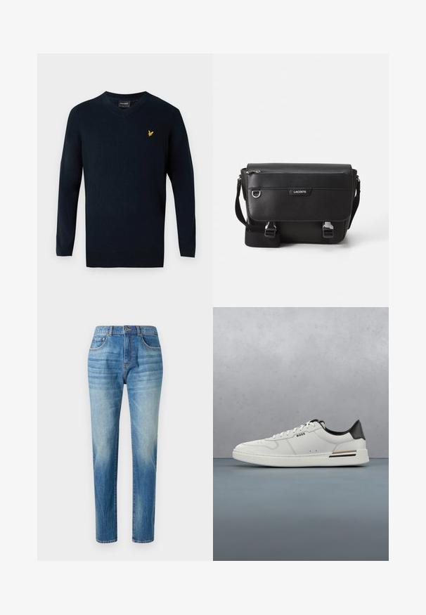 Suéter azul marino de pico fabricado en un tejido suave, con mangas largas y un pequeño logotipo amarillo bordado en la parte izquierda del pecho.; Jeans de mezclilla azul claro, diseño de pierna recta, con una cintura alta, sutil desvanecimiento y un estilo clásico de cinco bolsillos. Cierre de botón de metal.; Zapatilla baja blanca con talón negro, cierre con cordones, perforaciones sutiles y el logo "BOSS" en el costado, mostrada desde el perfil exterior.; Bolso mensajero Lacoste negro texturizado con correa ajustable, tapa frontal, bolsillo con cremallera y cierres de hebilla metálica.
