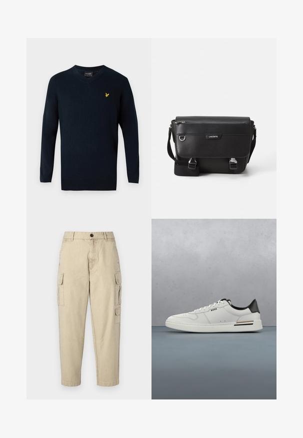 Pull en v-nue bleu marine en tissu doux, avec des manches longues et un petit logo brodé jaune sur la poitrine à gauche.; Pantalons cargo beige en tissu doux, dotés de poches latérales, d'une fermeture à bouton et d'une coupe ajustée.; Sneaker basse blanche avec talon noir, fermeture à lacets, perforations subtiles et logo "BOSS" sur le côté, vue depuis le profil extérieur.; Sac messager Lacoste noir texturé avec bandoulière ajustable, rabat avant, poche zippée et fermetures à boucle en métal.