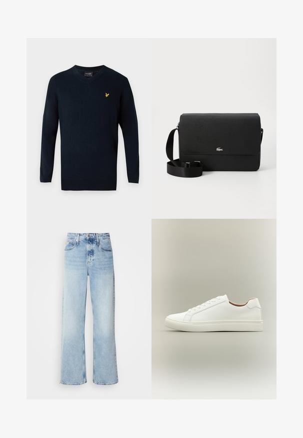 Marineblå v-hals sweater lavet af blødt stof, med lange ærmer og et lille gult broderet logo på venstre brystområde.; Lysblå vide jeans med høj talje, der har en falmet finish, bæltestropper og klassisk fem-lomme design. Kantene er rå.; Hvid lavt snøresko med snørelukning og flad sål, vist fra siden på en neutral baggrund.; Sort læder crossbody taske med en glat overflade, en frontklap, sølv logo accent og en justerbar stofrem.