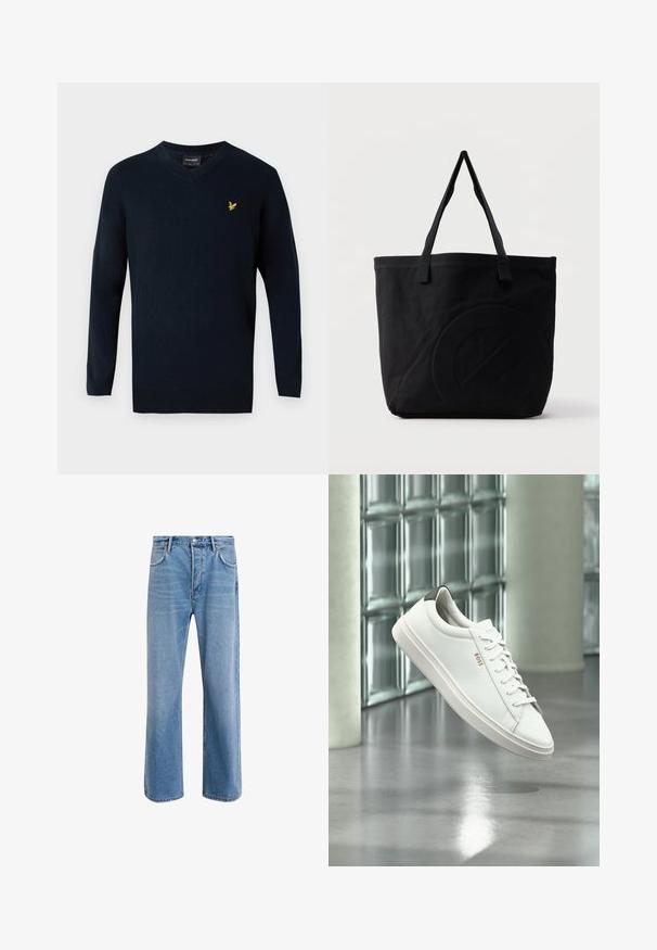 Marineblå v-hals sweater lavet af blødt stof, med lange ærmer og et lille gult broderet logo på venstre brystområde.; Lyseblå denim jeans med lige ben-design, fem lommer, knaplukning, minimal falming og kontraststingdetaljer.; Hvid læder lav-top sneaker med snørebånd, sort hælflig og "BOSS"-logo, svævende indendørs nær glasblok væg og poleret gulv.; Sort canvas-tote-taske med to skulderstropper og et diskret præget cirkeldesign på fronten.