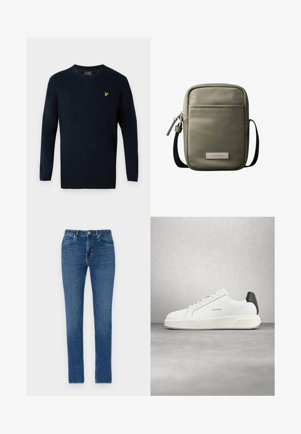 Marineblå v-hals sweater lavet af blødt stof, med lange ærmer og et lille gult broderet logo på venstre brystområde.; Mørkeblå denim jeans med lige pasform, fem lommer, frontlukning med knap og diskrete syninger. Glat tekstur, ingen pynt.; Hvide sneakers med en glat læderoverdel, flade snørebånd og en forhøjet hvid sål. Har en sort detalje ved hælen og et præget logo.; Kompakt korsbodytaske i olivengrøn med forlomme, sort justerbar rem, lynlåslukning og Calvin Klein logo-plakette.