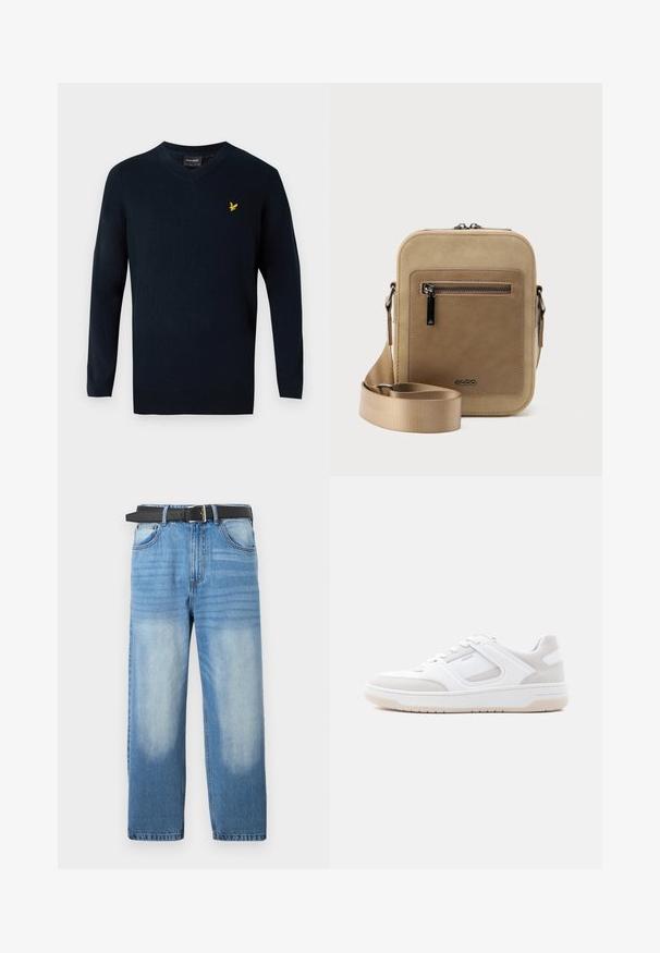 Marineblå v-hals sweater lavet af blødt stof, med lange ærmer og et lille gult broderet logo på venstre brystområde.; Lys blå denim jeans med lige ben, udstyret med et sort bælte, falmede pletter og subtil diagonalt mønster i den øverste sektion.; Lavprofileret hvid og lysebeige sneaker med snørelukning, polstret krave og gummisål på en ensfarvet lys baggrund.; Lille beige crossbody-taske med lynlåslomme foran, metal ALDO-logo, justerbar bred rem og rundet rektangulær form på hvid baggrund.