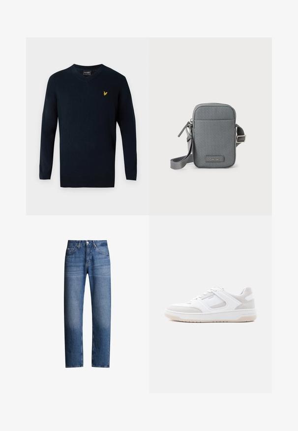 Pull en v-nue bleu marine en tissu doux, avec des manches longues et un petit logo brodé jaune sur la poitrine à gauche.; Jeans en denim bleu avec une coupe droite, cinq poches et une fermeture éclair. Présente une légère décoloration et des coutures le long des coutures.; Baskets basses blanches et beige clair avec fermeture à lacets, col matelassé et semelle en caoutchouc sur un fond clair uni.; Petit sac bandoulière gris avec texture tissée, fermeture à zip, sangle réglable et logo "Calvin Klein" sur la poche avant.