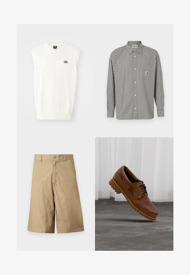Hvid ærmeløs sweater med V-udskæring, ribbede kanter og et lille sort logo på venstre bryst, lavet af et blødt strikket materiale.; Sorte og hvide vertikale striber langærmet skjorte med button-down krave. Har en brystlomme med en beige logo-plet.; Khaki shorts med lige pasform, lavet af letvægtsstof, der har to forlommer og knaplukning i taljen.; Brun læder bådsko med sorte snørebånd, beige syninger og en robust sål, hængende over en grå betongulv.