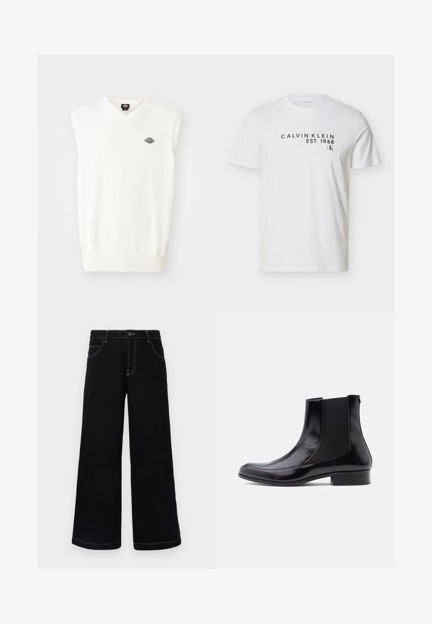 Weißer ärmelloser Pullover mit V-Ausschnitt, geripptem Saum und kleinem schwarzem Logo auf der linken Brust, aus weichem Strickmaterial gefertigt.; Weißes T-Shirt mit kurzen Ärmeln, schwarzem Schriftzug "CALVIN KLEIN EST. 1968" und kleinem "CK"-Logo auf der oberen Brust.; Schwarze weit geschnittene Jeanshose aus Denim, mit Knopfverschluss, fünf Taschen und kontrastierendem weißen Nähten entlang der Nähte.; Schwarze Leder-Stiefeletten mit elastischen Seiteneinsätzen, glatter Textur, abgerundeter Spitze und niedrigem Blockabsatz. Schlichtes, elegantes Design mit minimalen Nähten.