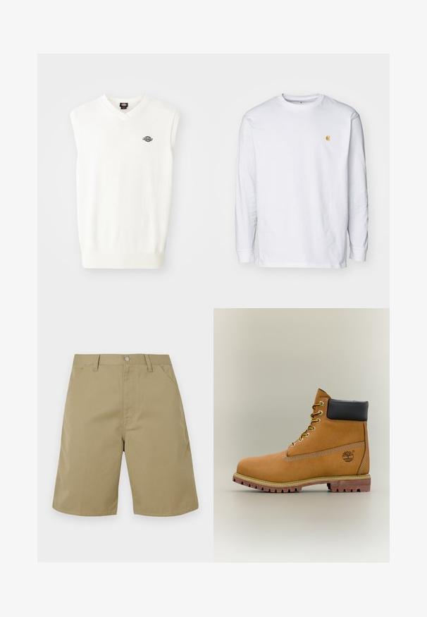 Witte mouwloze trui met V-hals, geribbelde zoom en een klein zwart logo op de linkerkant van de borst, gemaakt van een zachte gebreide stof.; Witte lange mouwen t-shirt van katoen. Voorzien van een klein gouden logo op de borst en een ronde hals. Eenvoudig ontwerp en standaard pasvorm.; Beige korte broek van stof met een gladde textuur, voorzien van een vlakke voorkant, ceintuurlussen en zijzakken; recht gesneden beenontwerp.; Bruine leren enkellaars met zwarte kraag, gele veters en een zandkleurige zool. Voorzien van een logo en witte stikseldetails. Robuuste loopzool met grip.