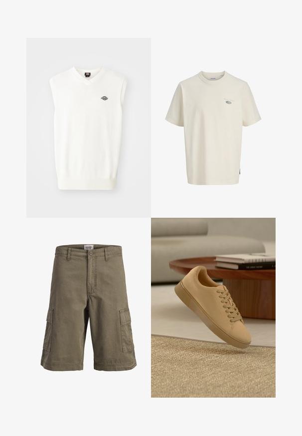 Witte mouwloze trui met V-hals, geribbelde zoom en een klein zwart logo op de linkerkant van de borst, gemaakt van een zachte gebreide stof.; Off-white T-shirt met korte mouwen en ronde hals, voorzien van kleine grijze tekst en ovale afbeelding op de linkerborst, met Jack & Jones-label aan de binnenkant van de kraag.; Bruine cargoshort met zijzakken, riemlussen, knoopsluiting en zichtbaar merklabel aan de binnenzijde van de tailleband.; Beige vetersneaker die boven een gestructureerd tapijt zweeft, met een houten salontafel en gestapelde boeken op een wazige achtergrond.