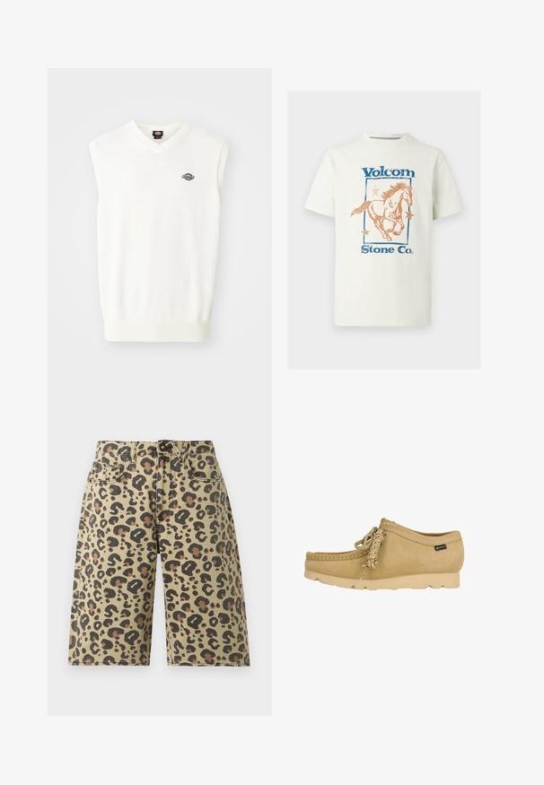Hvid ærmeløs sweater med V-udskæring, ribbede kanter og et lille sort logo på venstre bryst, lavet af et blødt strikket materiale.; Hvid T-shirt i bomuld med grafik af en galopperende hest, blå "Volcom" tekst og orange stjerner inden for en rektangulær ramme.; Leopardprint-shorts i en bomuldsblanding med en tanfarvet baggrund og sorte og brune pletter, fem-lomme design og knaplukning.; Beige ruskindsmokassin med gummisål, snøredetalje og et lille Gore-Tex stoflabel på siden.