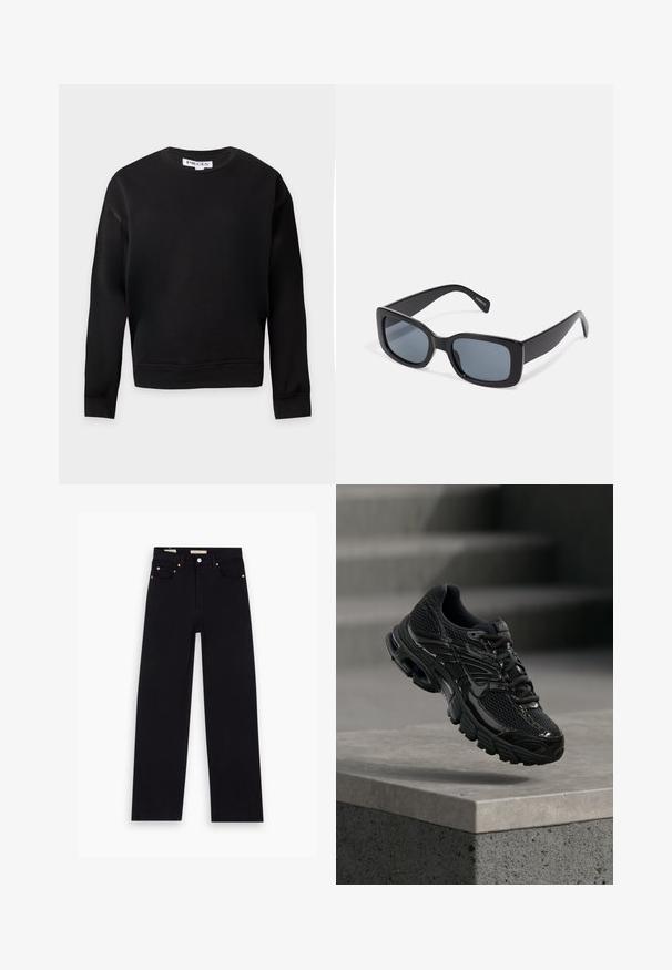Sort sweatshirt med lange ærmer og rund hals, med ribbenkanter ved ærmer og kant, vist på en ensartet lys baggrund.; Sorte denim jeans med lige pasform, fem lommer, kobberdetaljer og en glat tekstur. To mærker synlige på taljebåndet.; Sort Nike løbesko med mesh og syntetisk overdel, der svæver over en betonoverflade og trin i baggrunden.; Sorte rektangulære solbriller med mørkt tonede linser, tyk plastramme og brede stænger. Glat overflade og kantet design.