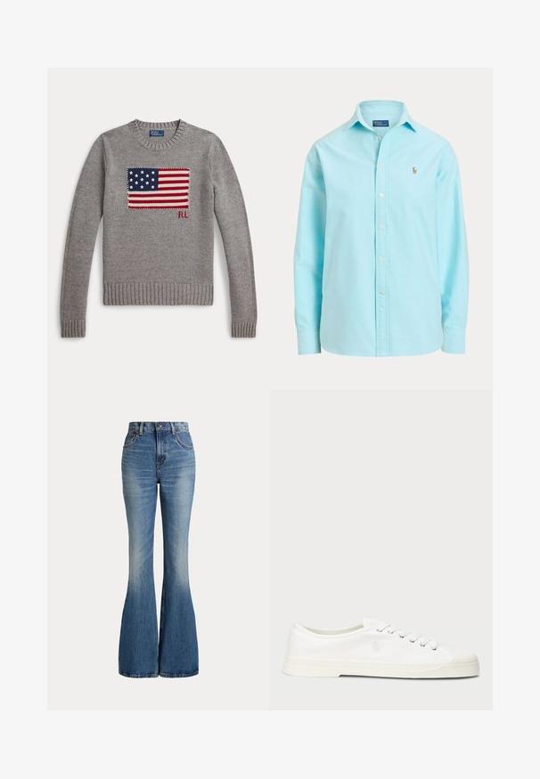 Pull gris en tricot avec un motif du drapeau américain et les initiales "RL" sur la poitrine, poignets côtelés et encolure ronde.; Chemise bleu clair à manches longues avec boutons, col et petit logo brodé sur le côté gauche de la poitrine.; Jean en denim bleu taille haute avec jambes évasées et légère décoloration sur la partie avant des cuisses, présenté sur fond blanc.; Sneaker en toile blanche avec un bout rond, fermeture lacée et un détail de logo discret. Caractéristiques d'un tissu texturé et d'une semelle en caoutchouc.