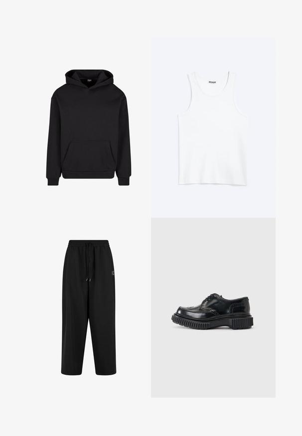 Zwarte hoodie gemaakt van zachte stof, met een voorzak, een capuchon met trekkoord en ribgebreide boorden en zoom voor een comfortabele pasvorm.; Wit mouwloos hemdje met ronde hals en Weekday-merklabel aan de binnenkant van de achterkraag, plat weergegeven op een lichte achtergrond.; Zwarte trainingsbroek met een elastische tailleband en trekkoord. Gemaakt van zachte stof, met een comfortabele pasvorm en zijzakken.; Zwart leren brogue-schoen met stevige geribbelde zool en vetersluiting tegen een effen lichtgrijze achtergrond.