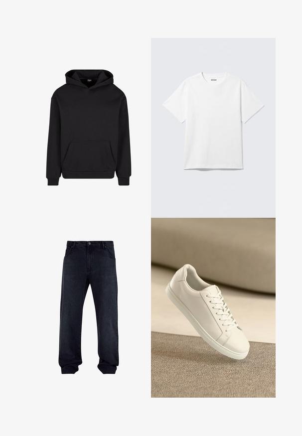 Sort hættebluse lavet af blødt materiale, med en frontlomme, en hætte med snor og ribbede manchetter og kant for en tæt pasform.; Hvid kortærmet crewneck T-shirt lagt fladt ud, ensfarvet design, med "WEEKDAY" mærkat inde i kraven på en lys baggrund.; Mørkeblå denim jeans med lige ben-design. Har fem lommer, en knap- og lynlåslukning samt synlige syningsdetaljer.; Hvide lædersneakers med hvide snørebånd, præsenteret på en beige tekstureret overflade og med en blødt uskarp baggrund.