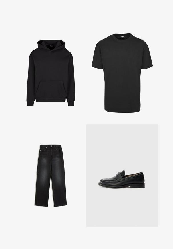 Zwarte hoodie gemaakt van zachte stof, met een voorzak, een capuchon met trekkoord en ribgebreide boorden en zoom voor een comfortabele pasvorm.; Zwart katoenen T-shirt met korte mouwen, ronde halslijn en een standaard pasvorm. De stof lijkt glad en ongekleed.; Zwarte jeans met hoge taille en rechte pijpen, met voorzakken, knoopsluiting en subtiele vervaagde details op dijen en knieën.; Zwarte lederen instappers met een gladde afwerking, voorzien van een gestructureerde bovenband, lage hak en minimale stiksel-details.