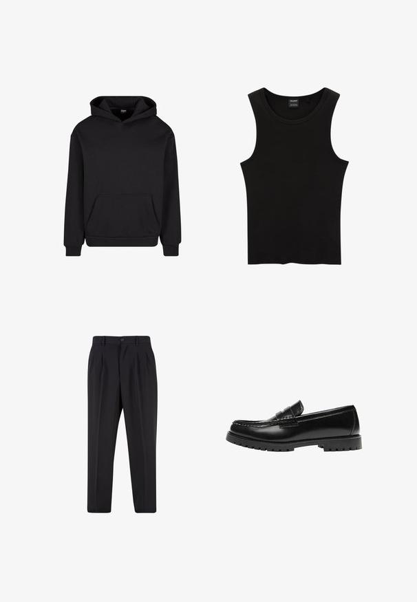 Zwarte hoodie gemaakt van zachte stof, met een voorzak, een capuchon met trekkoord en ribgebreide boorden en zoom voor een comfortabele pasvorm.; Zwarte geribbelde tanktop met een ronde halslijn en wijde armsgaten, gemaakt van een zachte, rekbare stof. Label: Pull&Bear.; Zwarte op maat gemaakte broek met voorplooien, riemlussen en een knoopsluiting in de taille.; Zwarte leren loafer met een dikke rubberen zool en klassieke penny-strap details, gezien vanaf de buitenkant.