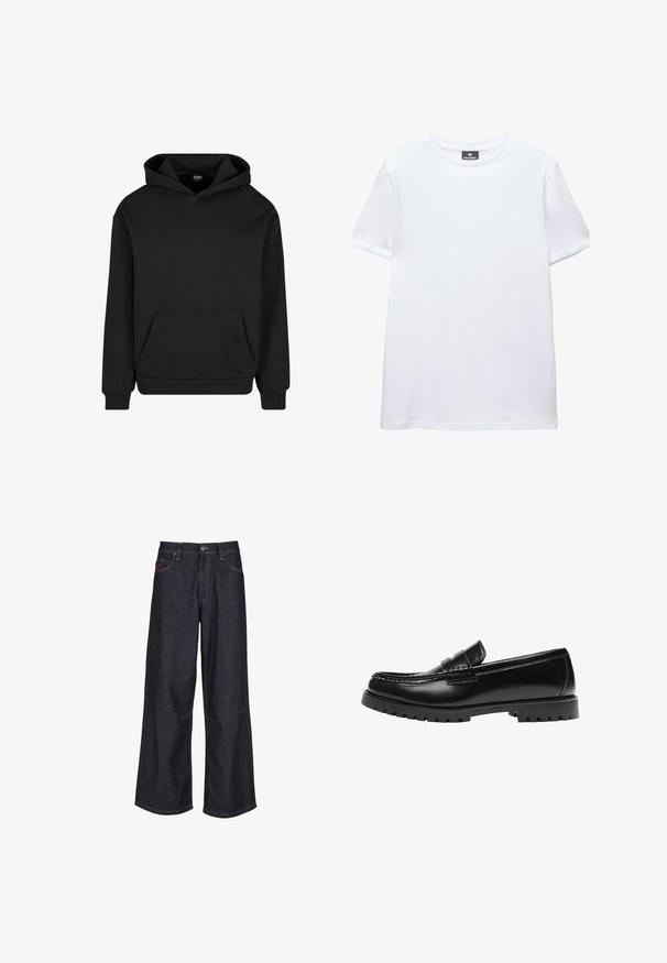 Hoodie noir en tissu doux, doté d'une poche avant, d'une capuche avec cordon de serrage et de poignets et d'ourlet côtelés pour un ajustement confortable.; T-shirt blanc uni à manches courtes, col rond, avec une étiquette noire Pull&Bear à l'intérieur du col, présenté sur fond blanc.; Jean à jambes larges bleu foncé en denim, avec un design classique à cinq poches, des surpiqûres contrastantes et une braguette à boutons.; Mocassin en cuir noir avec une semelle en caoutchouc épaisse et un détail classique de bride à monnaie, vu de côté extérieur.