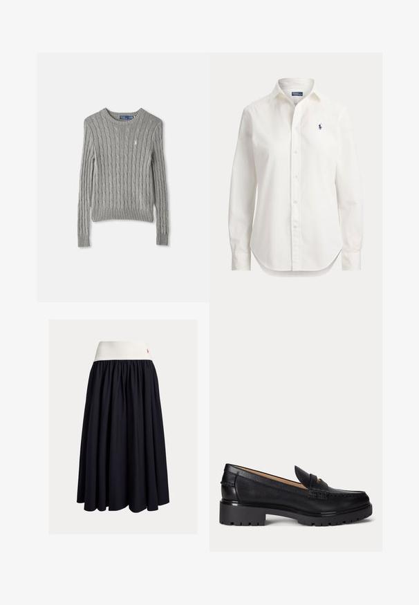 Grijze kabelgebreide trui met lange mouwen, een geribbelde zoom en een ronde hals. Kleine logo-accent op de borst.; Witte blouse met lange mouwen, knopen, kraag en klein blauw logo van een polospeler op de linkerborst.; Rok tot op de knie in donkerblauwe stof met een witte elastische tailleband. Voorzien van een geplooid ontwerp en een klein rood logoaccent.; Zwarte leren loafer met dikke profielzool, lage hak en decoratief bandje aan de voorkant.