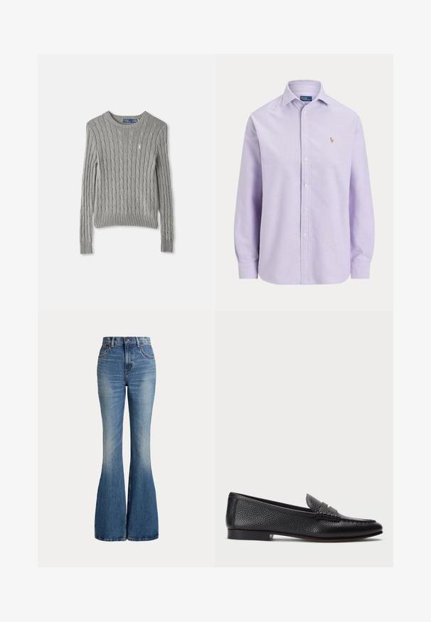 Grå kabelstrikket sweater med lange ærmer, ribbet kant og rund halsudskæring. Lille logo-accent på brystet.; Lyse lilla langærmet skjorte med knapper, krave og lille broderet logo på venstre bryst fra Polo Ralph Lauren.; Højtaljede blå jeans i denim med klokkeformede ben og let falmet område foran på låret, vist mod hvid baggrund.; Sorte læder loafers med struktureret finish, der har en dekorativ rem og flad hæl. Slank, minimalistisk design med rund tå.