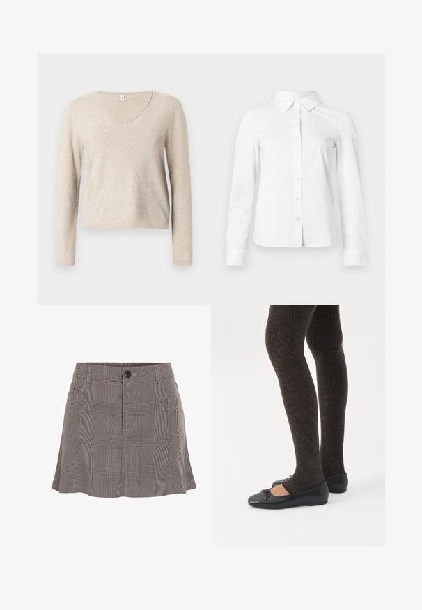 Pull beige à col en V en tissu tricoté doux avec des manches longues, présentant une coupe décontractée et un ourlet côtelé. Surface texturée avec un léger éclat.; Chemise blanche à manches longues avec boutons, col pointu, ourlet droit et silhouette ajustée, présentée sur un fond clair uni.; Jupe à carreaux noir et blanc, fabriquée en tissu léger, dotée d'une ceinture avec un bouton et d'un design plissé pour plus de détails.; Jambes portant des leggings côtelés foncés associés à des ballerines noires avec de petits détails en nœud sur fond blanc.