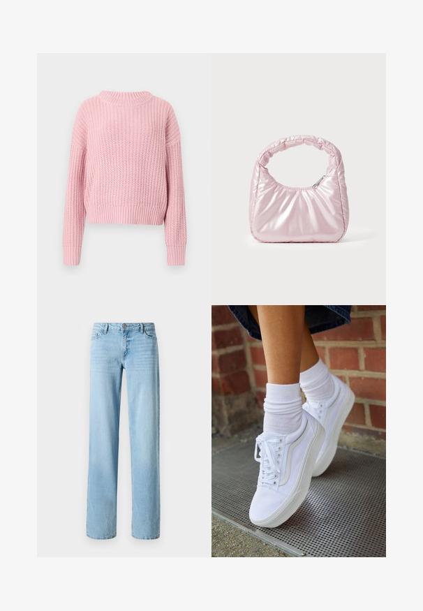 Roze gebreide trui met een geribbelde textuur, ontspannen pasvorm, brede ronde halslijn en lange mouwen, met een cropped stijl en effen kleur.; Lichtblauwe denim jeans, met een recht ontwerp, voorzien van vijf zakken en een knoopsluiting aan de voorkant. Soepele textuur met subtiele vervaging.; Witte canvas sneakers met rubberen zolen, voorzien van zes vetertjes, een ronde neus en lichte stikdetails, gecombineerd met witte enkelsokken.; Roze, gevoerde handtas met een afgeronde vorm, gemaakt van glanzend materiaal. Beschikt over een geplooide handgreep en een ritssluiting voor veilige toegang.
