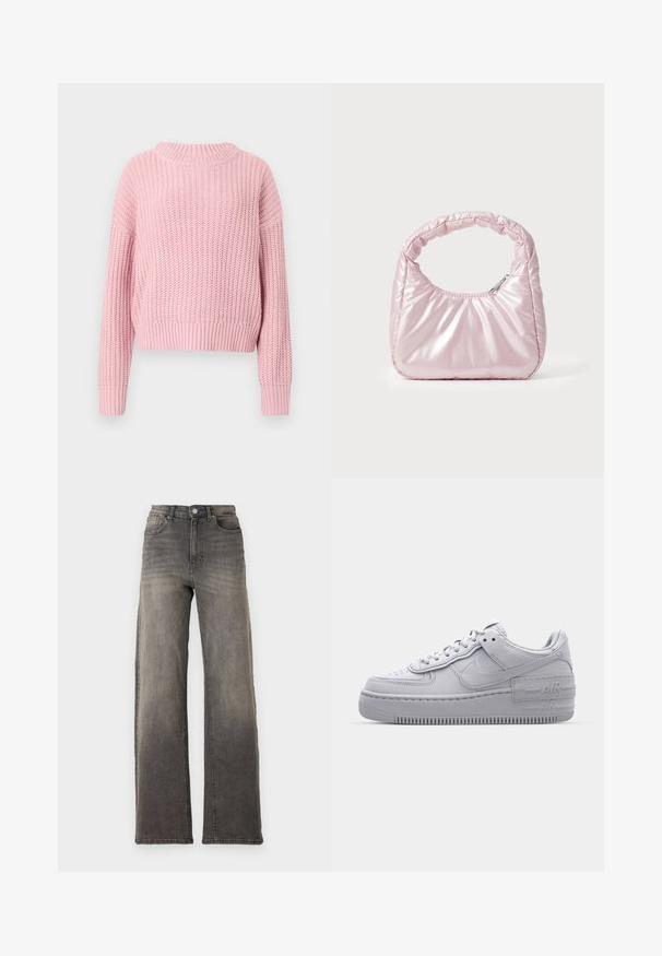 Roze gebreide trui met een geribbelde textuur, ontspannen pasvorm, brede ronde halslijn en lange mouwen, met een cropped stijl en effen kleur.; Grijze spijkerbroek met hoge taille en een losse, wijde pasvorm. Heeft een klassieke vijf-pocketontwerp en een licht vervaagde textuur.; Grijze Nike Air Force 1 sneaker met geperforeerde neus, glad leren bovenwerk, dikke zool en verhoogde 'AIR' details op de hiel.; Roze, gevoerde handtas met een afgeronde vorm, gemaakt van glanzend materiaal. Beschikt over een geplooide handgreep en een ritssluiting voor veilige toegang.