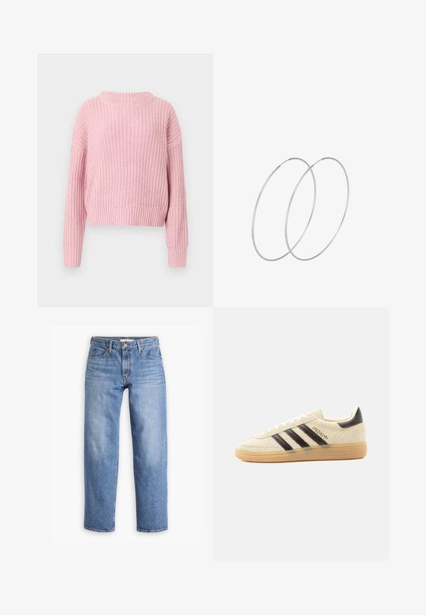 Roze gebreide trui met een geribbelde textuur, ontspannen pasvorm, brede ronde halslijn en lange mouwen, met een cropped stijl en effen kleur.; Lichtblauwe denim jeans met een rechte pasvorm, vijf zakken en een ritssluiting. De stof heeft een klassieke textuur met een lichte vervaging.; Crèmekleurige suède sneaker met zwarte strepen, rubberen zool, zwart hieltabje en gouden "SPEZIAL" tekst aan de zijkant.; Zilveren hoepel oorbellen met een minimalistisch ontwerp. Cirkelvormig, gladde textuur en dun profiel. Lichtgewicht met een gepolijste afwerking.