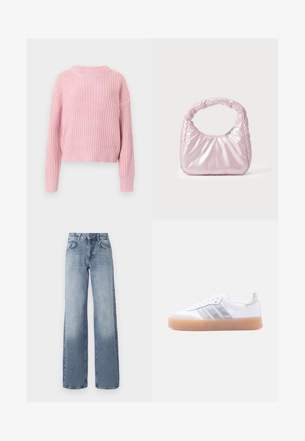 Suéter de punto rosa con textura acanalada, corte relajado, escote redondo amplio y mangas largas, con un estilo cropped y color sólido.; Jeans de mezclilla azul de pierna ancha con un lavado claro, cierre de cremallera, diseño de cinco bolsillos y un ligero desgaste cerca de los tobillos.; Zapatilla blanca de perfil bajo con suela de goma, acentos laterales plateados a rayas y cierre de cordones, mostrada sobre un fondo claro y liso.; Bolso de mano acolchado en color rosa con un diseño redondeado, fabricado en material brillante. Presenta un asa fruncida y un cierre de cremallera para un acceso seguro.