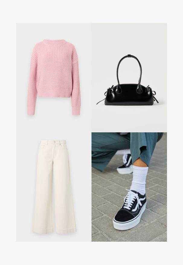 Roze gebreide trui met een geribbelde textuur, ontspannen pasvorm, brede ronde halslijn en lange mouwen, met een cropped stijl en effen kleur.; Wijdvallende, lichtbeige denim broek met een hoge taille, twee voorzakken, knoopsluiting en subtiele stikseldetails.; Zwarte suède sneaker met witte accenten en veters, uitgerust met een dikke witte zool en contrasterende stiksels, gecombineerd met een witte sok.; Kleine zwarte glanzende handtas met twee lange hengsels en zijkant trekkoord details op een effen lichte achtergrond.