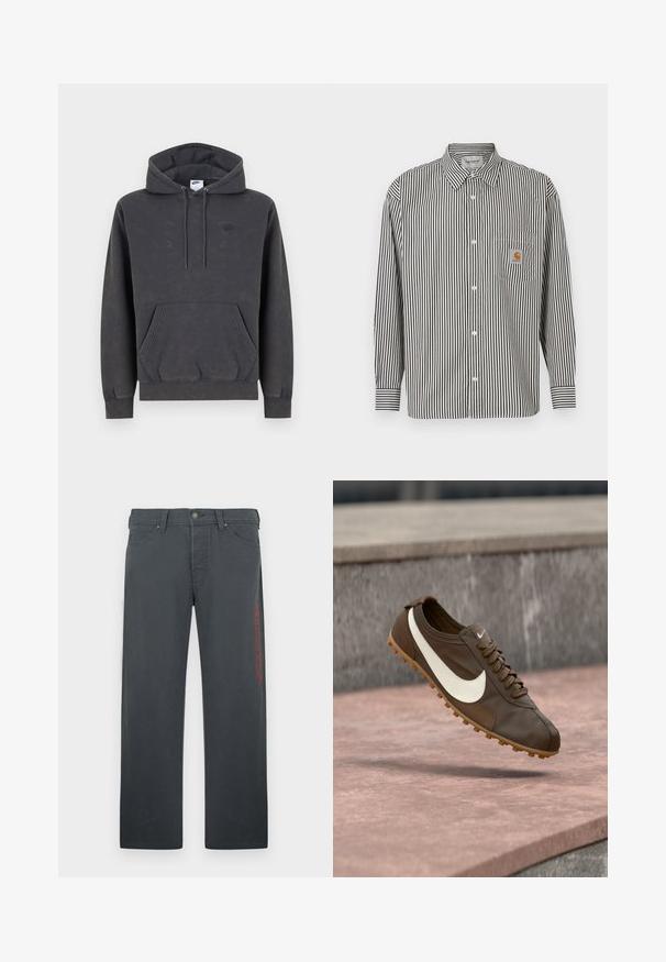 Σκούρα γκρι φούτερ Nike με κουκούλα και τσέπη καγκουρό μπροστά, ρυθμιζόμενη κουκούλα με κορδόνι, μανσέτες με ρίγες και διακριτικό κεντητό λογότυπο στο αριστερό στήθος.; Μαύρο και άσπρο μακρυμάνικο πουκάμισο με κάθετες ρίγες και γιακά με κουμπιά. Διαθέτει τσέπη στο στήθος με μια μπεζ ετικέτα λογότυπου.; Γκρι παντελόνι κατασκευασμένο από υλικό με βαμβάκι, με ίσια γραμμή, εμπρόσθιες τσέπες και κόκκινο κεντητό λογότυπο στην αριστερή πλευρά.; Καφέ αθλητικό παπούτσι Nike με λευκό λογότυπο Swoosh και σόλα από καουτσούκ αιωρείται πάνω από ροζ πέτρινη επιφάνεια με γκρι πέτρινο φόντο.
