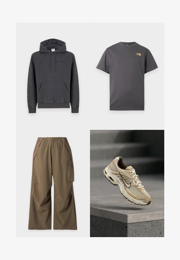 Σκούρα γκρι φούτερ Nike με κουκούλα και τσέπη καγκουρό μπροστά, ρυθμιζόμενη κουκούλα με κορδόνι, μανσέτες με ρίγες και διακριτικό κεντητό λογότυπο στο αριστερό στήθος.; Σκούρο γκρι κοντομάνικη μπλούζα με στρογγυλή λαιμόκοψη και μικρό κίτρινο λογότυπο "The North Face" στο πάνω αριστερό μέρος του στήθους.; Καφέ φαρδιά παντελόνια με ελαστική μέση, πλαϊνές τσέπες και τσέπη cargo με φερμουάρ στο δεξί πόδι, τοποθετημένα επίπεδα σε λευκό φόντο.; Μπεζ και λευκό παπούτσι τρεξίματος Nike με πλέγματα και μαύρο λογότυπο Swoosh, να αιωρείται πάνω από μια τσιμεντένια άκρη με θολά σκαλοπάτια στο φόντο.