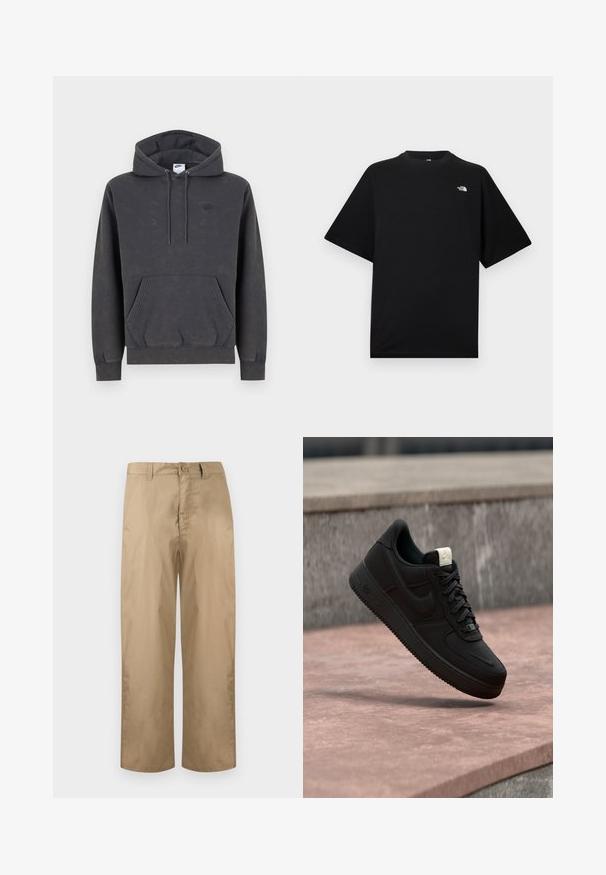 Σκούρα γκρι φούτερ Nike με κουκούλα και τσέπη καγκουρό μπροστά, ρυθμιζόμενη κουκούλα με κορδόνι, μανσέτες με ρίγες και διακριτικό κεντητό λογότυπο στο αριστερό στήθος.; Μαύρο T-shirt κοντομάνικο με στρογγυλή λαιμόκοψη και μικρό λευκό λογότυπο The North Face στο πάνω αριστερό μέρος του στήθους.; Μπεζ παντελόνι ίσιας γραμμής με θηλιές για ζώνη, κούμπωμα με κουμπί και φερμουάρ, παρουσιασμένο σε απλό φωτεινό φόντο.; Μαύρο αθλητικό παπούτσι Nike Air Force 1 που αιωρείται πάνω από μια ροζ τσιμεντένια ακμή με γκρι πέτρινο φόντο, δείχνοντας λεπτομέρειες από το πλάι και από πάνω.