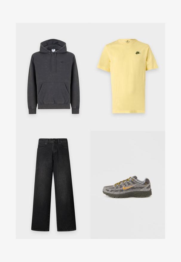 Σκούρα γκρι φούτερ Nike με κουκούλα και τσέπη καγκουρό μπροστά, ρυθμιζόμενη κουκούλα με κορδόνι, μανσέτες με ρίγες και διακριτικό κεντητό λογότυπο στο αριστερό στήθος.; Ανοιχτό κίτρινο κοντομάνικο μπλουζάκι Nike με πράσινο λογότυπο Nike στο αριστερό στήθος, εμφανίζεται σε απλό φωτεινό φόντο.; Τζιν μαύρου χρώματος με φαρδιά πόδια και υψηλή μέση, σχεδιασμένα με πέντε τσέπες και μία μόνο κουμπί μπροστά. Ομαλή υφή με ελάχιστες λεπτομέρειες.; Γκρι σουέντ αθλητικό παπούτσι με χρυσές λεπτομέρειες, υφασμάτινα πάνελ και κορδόνια στο ίδιο χρώμα. Διαθέτει μαξιλαρωμένη σόλα και λογότυπο στο πλάι.