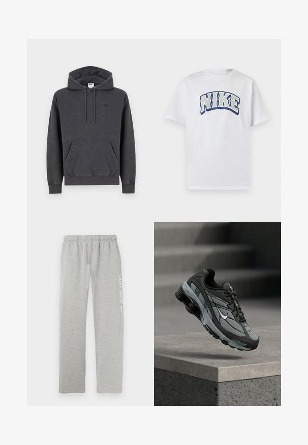 Σκούρα γκρι φούτερ Nike με κουκούλα και τσέπη καγκουρό μπροστά, ρυθμιζόμενη κουκούλα με κορδόνι, μανσέτες με ρίγες και διακριτικό κεντητό λογότυπο στο αριστερό στήθος.; Λευκό T-shirt με κοντά μανίκια και μεγάλο κυρτό κείμενο "NIKE" με έντονα, περιγραμμικά γράμματα στο κέντρο του στήθους.; Γκρι φόρμες από μαλακό υλικό με ελαστική μέση. Διαθέτουν λευκή επιγραφή "JUST DO IT" και λογότυπο Nike swoosh σε ένα πόδι.; Γκρι και μαύρο αθλητικό παπούτσι με πλέγμα και χοντρή σόλα, τοποθετημένο στον αέρα πάνω από ένα τσιμεντένιο περιθώριο με σκάλες στο βάθος.