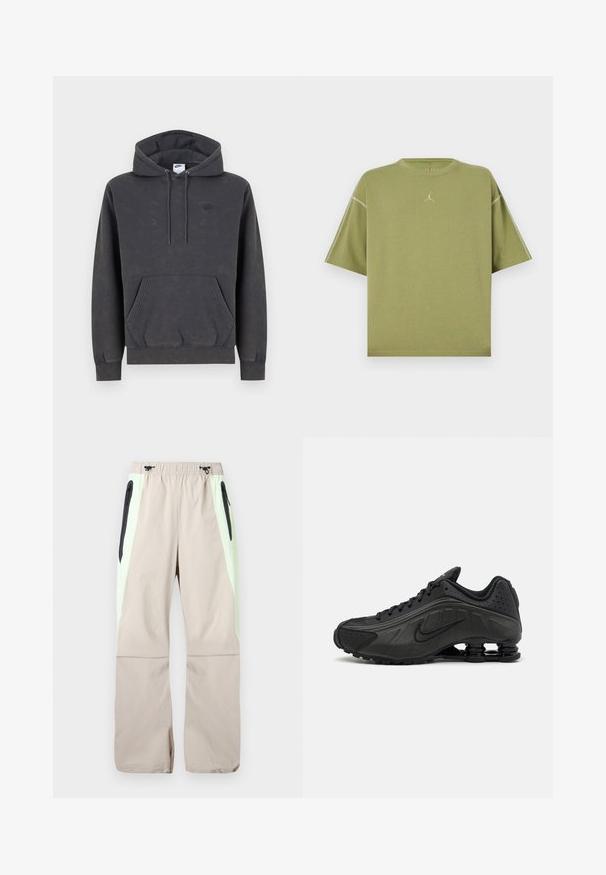 Σκούρα γκρι φούτερ Nike με κουκούλα και τσέπη καγκουρό μπροστά, ρυθμιζόμενη κουκούλα με κορδόνι, μανσέτες με ρίγες και διακριτικό κεντητό λογότυπο στο αριστερό στήθος.; Ελαφρώς φαρδιά λαδί κοντομάνικη μπλούζα με στρογγυλή λαιμόκοψη και μικρό ραμμένο λογότυπο στο κέντρο του στήθους.; Μπεζ παντελόνια με ανοιχτοπράσινες πλαϊνές φάσες, μαύρες τσέπες μηρών με φερμουάρ και ελαστική μέση με μαύρα κορδόνια.; Μαύρα αθλητικά παπούτσια με λείο συνθετικό άνω μέρος, διάτρητες λεπτομέρειες, υφή στις πλευρές και ξεχωριστή ελαστική σόλα.