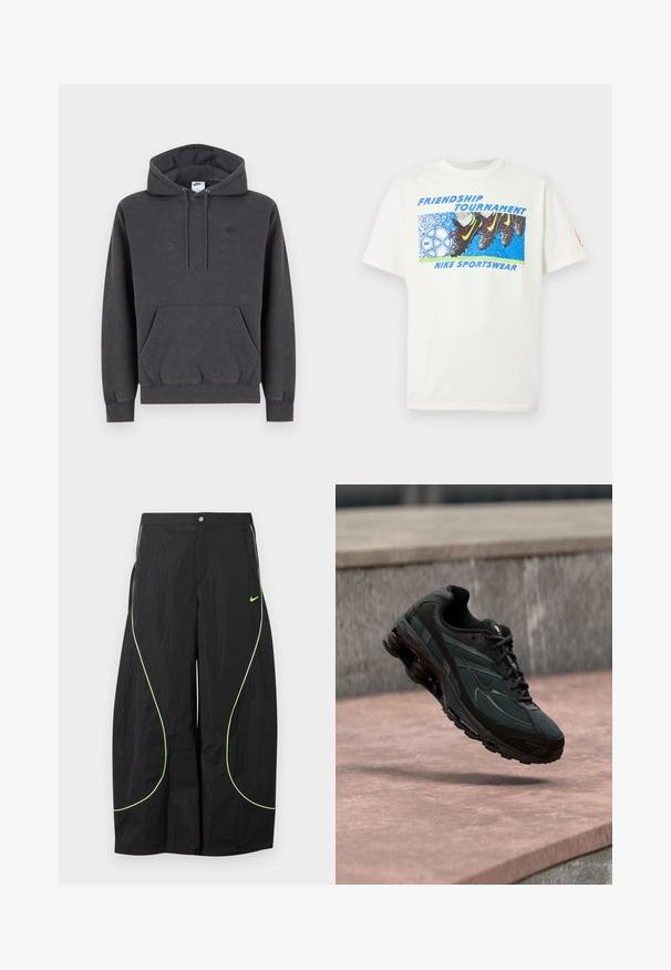 Σκούρα γκρι φούτερ Nike με κουκούλα και τσέπη καγκουρό μπροστά, ρυθμιζόμενη κουκούλα με κορδόνι, μανσέτες με ρίγες και διακριτικό κεντητό λογότυπο στο αριστερό στήθος.; Λευκό μπλουζάκι με γραφικό που απεικονίζει παπούτσια ποδοσφαίρου να κλωτσούν μια μπλε και λευκή μπάλα ποδοσφαίρου της Nike, με τα κείμενα «Friendship Tournament» και «Nike Sportswear».; Μαύρο παντελόνι Nike με φαρδιά μπάσκα, νεον πράσινη καμπύλη διακόσμηση και μικρό λογότυπο Nike Swoosh στο δεξί μηρό, κλείσιμο με κουμπί και φερμουάρ στη μέση.; Μαύρο αθλητικό παπούτσι με ορατή μεσαία σόλα αέρα που αιωρείται πάνω από μια ροζ πέτρινη επιφάνεια με φόντο ένα γκρι πέτρινο τοίχο.
