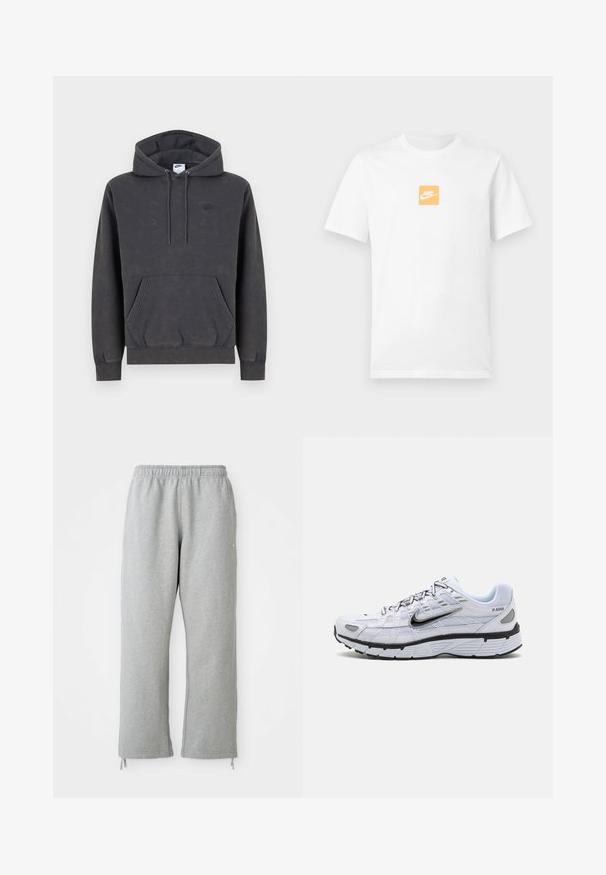 Σκούρα γκρι φούτερ Nike με κουκούλα και τσέπη καγκουρό μπροστά, ρυθμιζόμενη κουκούλα με κορδόνι, μανσέτες με ρίγες και διακριτικό κεντητό λογότυπο στο αριστερό στήθος.; Λευκό κοντομάνικο βαμβακερό μπλουζάκι με μικρό πορτοκαλί τετράγωνο στο στήθος που περιέχει λευκό λογότυπο της Nike και το swoosh.; Γκρι φόρμες με ελαστική μέση, ίσια πόδια και ρυθμιζόμενα κορδόνια στο στρίφωμα. Φτιαγμένες από μαλακό, υφαντό ύφασμα.; Λευκά αθλητικά παπούτσια με επάνω μέρος από διχτυωτό υλικό, στρογγυλή μύτη, μαύρες λεπτομέρειες και μοτίβο στη σόλα. Διαθέτει κορδόνια και σήμα στο πλάι.