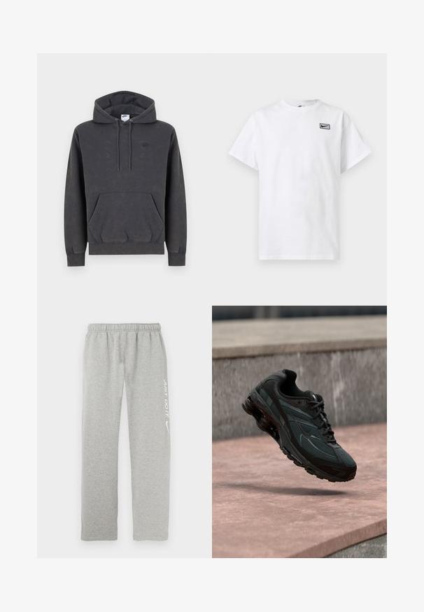 Σκούρα γκρι φούτερ Nike με κουκούλα και τσέπη καγκουρό μπροστά, ρυθμιζόμενη κουκούλα με κορδόνι, μανσέτες με ρίγες και διακριτικό κεντητό λογότυπο στο αριστερό στήθος.; Λευκό μπλουζάκι με κοντά μανίκια και στρογγυλή λαιμόκοψη, με μικρό μαύρο λογότυπο Nike swoosh μέσα σε ορθογώνιο στην αριστερή πλευρά του στήθους.; Γκρι φόρμες από μαλακό υλικό με ελαστική μέση. Διαθέτουν λευκή επιγραφή "JUST DO IT" και λογότυπο Nike swoosh σε ένα πόδι.; Μαύρο αθλητικό παπούτσι με ορατή μεσαία σόλα αέρα που αιωρείται πάνω από μια ροζ πέτρινη επιφάνεια με φόντο ένα γκρι πέτρινο τοίχο.