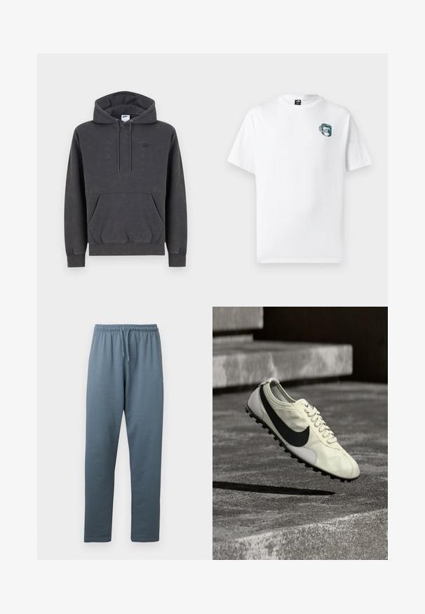 Σκούρα γκρι φούτερ Nike με κουκούλα και τσέπη καγκουρό μπροστά, ρυθμιζόμενη κουκούλα με κορδόνι, μανσέτες με ρίγες και διακριτικό κεντητό λογότυπο στο αριστερό στήθος.; Λευκό κοντομάνικο μπλουζάκι με μικρό πράσινο γραφικό φλιτζάνι και λογότυπο "The North Face" στο αριστερό στήθος.; Γκρι-μπλε ελαστικό παντελόνι φόρμας με ελαστική μέση και ρυθμιζόμενο κορδόνι, με ίσια μπατζάκια, παρουσιάζεται σε λευκό φόντο.; Λευκό αθλητικό παπούτσι Nike με μαύρο λογότυπο Swoosh, κορδόνια και λαστιχένια σόλα με προβολή, εμφανίζεται στον αέρα πάνω από σκάλες από σκυρόδεμα.