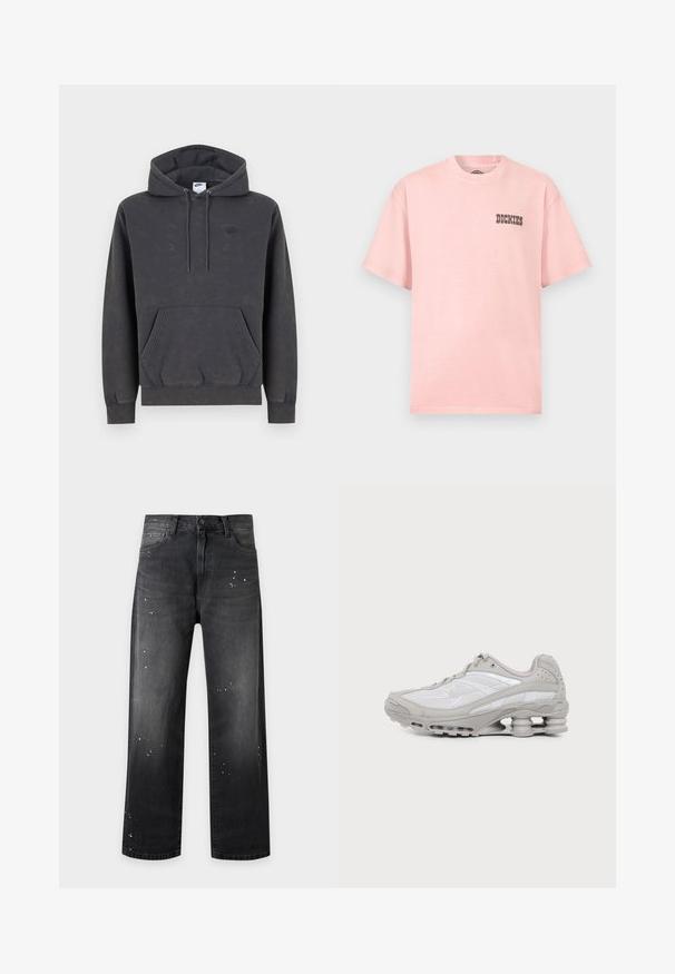 Σκούρα γκρι φούτερ Nike με κουκούλα και τσέπη καγκουρό μπροστά, ρυθμιζόμενη κουκούλα με κορδόνι, μανσέτες με ρίγες και διακριτικό κεντητό λογότυπο στο αριστερό στήθος.; Ροζ ανοιχτό ροζ κοντομάνικη μπλούζα με στρογγυλή λαιμόκοψη και μικρό μαύρο λογότυπο "Dickies" στο αριστερό στήθος.; Μαύρο τζιν με ίσια γραμμή, κούμπωμα με κουμπί και φερμουάρ, μπροστινές τσέπες και λεπτομέρειες με λευκές πιτσιλιές μπογιάς.; Γκρι και άσπρο αθλητικό παπούτσι με ορατό αεριζόμενο πέλμα και πλέγμα, εμφανίζεται σε προφίλ σε απλό ανοιχτό φόντο.