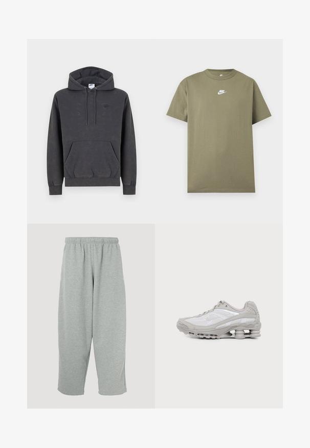Σκούρα γκρι φούτερ Nike με κουκούλα και τσέπη καγκουρό μπροστά, ρυθμιζόμενη κουκούλα με κορδόνι, μανσέτες με ρίγες και διακριτικό κεντητό λογότυπο στο αριστερό στήθος.; Κοντομάνικο μπλουζάκι Nike σε ελιά πράσινο με στρογγυλή λαιμόκοψη και λευκό λογότυπο στο στήθος, σε απλό ανοιχτό γκρι φόντο.; Ανοιχτό γκρι παντελόνι φόρμας με ελαστική μέση, εφαρμοστή σχεδίαση στα πόδια και απαλή υφή. Χωρίς ορατά λογότυπα ή μοτίβα.; Γκρι και άσπρο αθλητικό παπούτσι με ορατό αεριζόμενο πέλμα και πλέγμα, εμφανίζεται σε προφίλ σε απλό ανοιχτό φόντο.