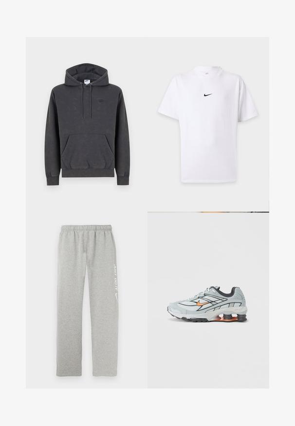 Σκούρα γκρι φούτερ Nike με κουκούλα και τσέπη καγκουρό μπροστά, ρυθμιζόμενη κουκούλα με κορδόνι, μανσέτες με ρίγες και διακριτικό κεντητό λογότυπο στο αριστερό στήθος.; Λευκό T-shirt με κοντά μανίκια, μαύρο λογότυπο Nike swoosh στο κέντρο του στήθους και απλό στρογγυλό λαιμόκοψη.; Γκρι φόρμες από μαλακό υλικό με ελαστική μέση. Διαθέτουν λευκή επιγραφή "JUST DO IT" και λογότυπο Nike swoosh σε ένα πόδι.; Ανοιχτό γκρι αθλητικό παπούτσι με μαύρες λεπτομέρειες, πορτοκαλί λογότυπο, διχτυωτό επάνω μέρος, επενδεδυμένο κολάρο και λαστιχένια σόλα με ορατές μονάδες απορρόφησης κραδασμών.