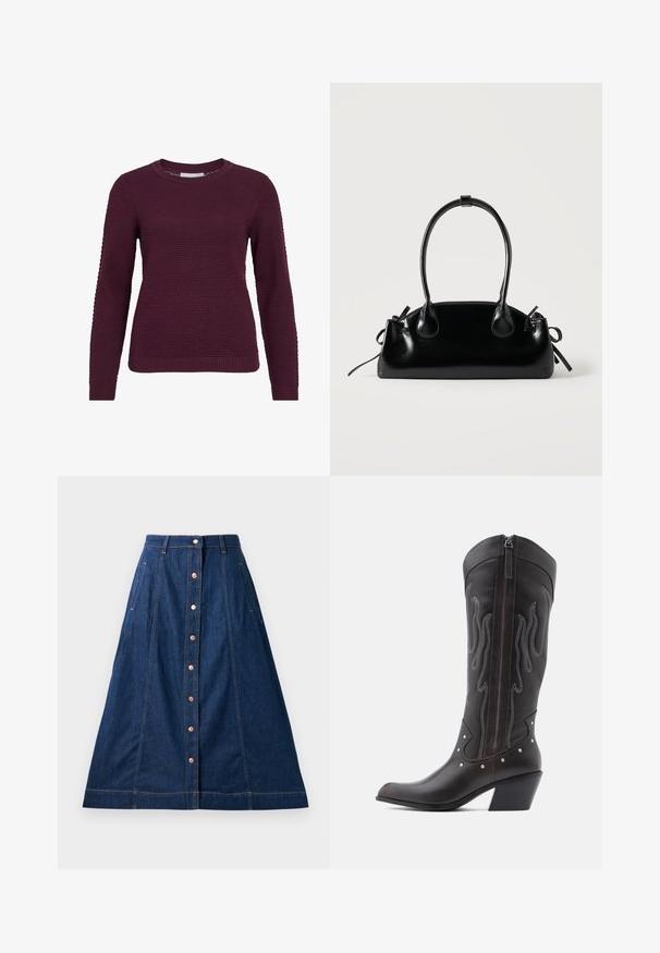 Bordeaux pullover trui met een gestructureerd, honingraatpatroon, ronde hals, lange mouwen en geribbelde manchetten en onderrand.; Donkerblauwe denim A-lijn rok met knoopsluiting aan de voorkant, met zakken, contrasterende stiksels en een lengte tot halverwege de kuit.; Bruine leren cowboylaarzen met vlamstiksels, zijrits, zilveren studs, spits toelopende neus en gestapelde hak.; Kleine zwarte glanzende handtas met twee lange hengsels en zijkant trekkoord details op een effen lichte achtergrond.